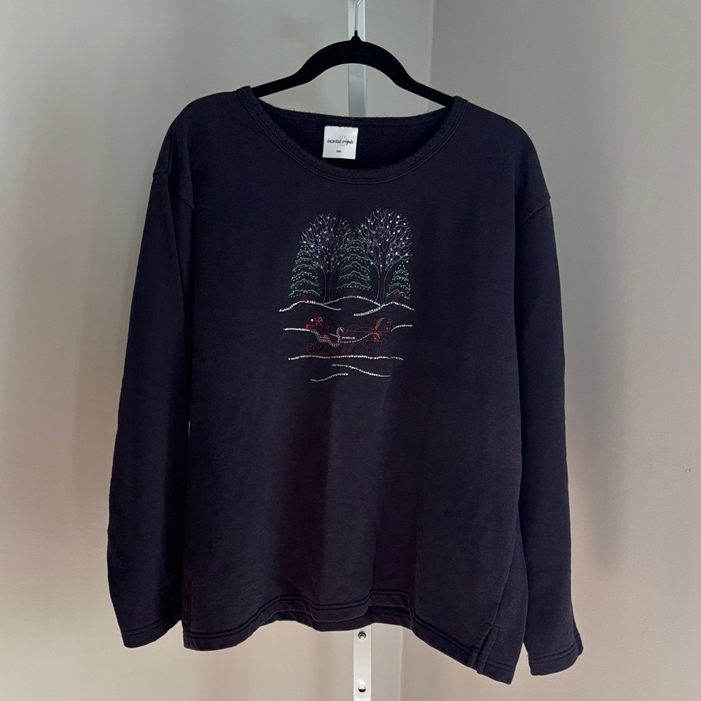 Decorated Originals Blue Holiday Sweatshirt Embroidered Bedazzled Design Sz XXL